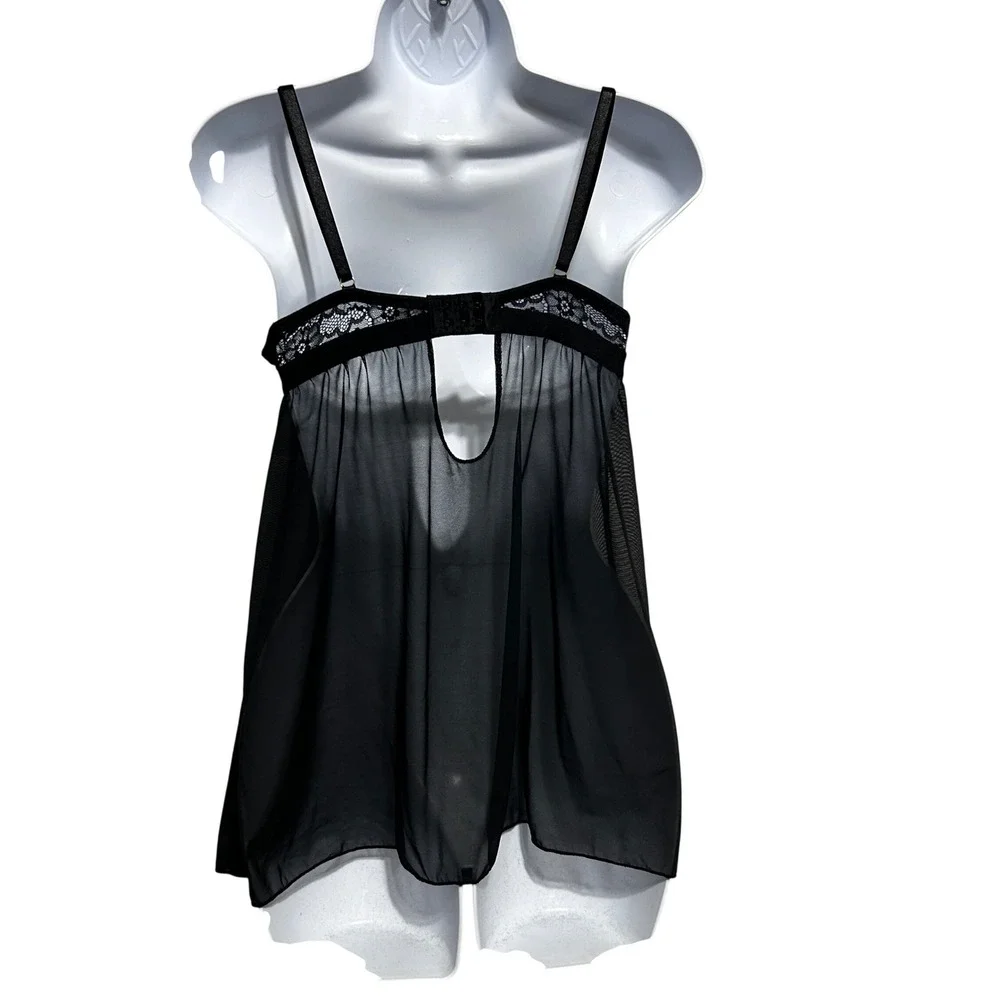 Black Sheer Mesh Babydoll Lingerie M Underwire Lace Fishnet Trim Chemise Nightie